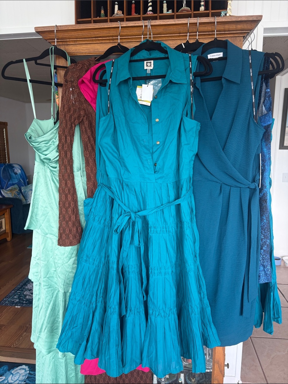 Anne Klein Teal Sleeveless Collared Midi Dress with Tie Waist